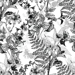 Seamless hand drawn vintage pattern with detailed flowers and herbs. Black and white graphic decoration for paper, textile, wrapping decoration, scrap-booking, t-shirt, cards.