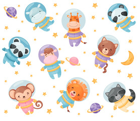 Cute cartoon animals astronauts. Vector illustration on white background.