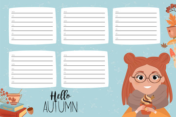 Set of weekly planner with autumn elements. Template for organizer, schedule and note background. Editable vector illustration