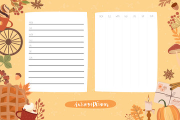 Set of weekly planner with autumn elements. Template for organizer, schedule and note background. Editable vector illustration