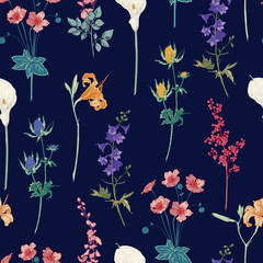 Obraz premium Seamless dark hand drawn vintage pattern with detailed flowers. Colored graphic decoration for paper, textile, wrapping decoration, scrap-booking, t-shirt, cards.