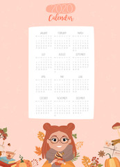 Cute 2020 Yearly Planner has all Months with autumn elements and cute girl character. Template for Organizer and Schedule. Editable vector illustration