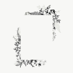 Vertical hand drawn rectangular frame with wild flowers and herbs. Black and white arrangement in vintage style.