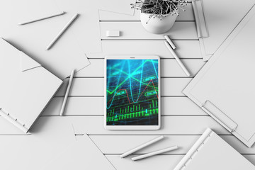 Digital tablet closeup top view with financial graph on screen. Online trading application concept. 3d rendering.