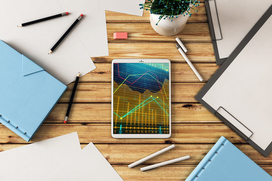 Digital tablet closeup top view with financial graph on screen. Online trading application concept. 3d rendering.
