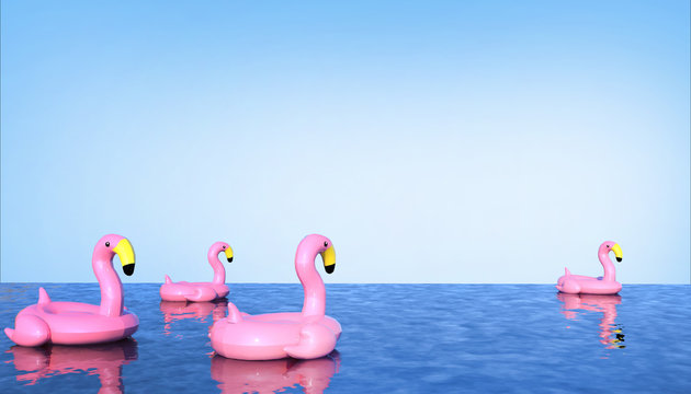 Birds Flamingo Boia floating in the pool on  summer  holiday Concept on Sky Bright  background minimal Art Style - 3D rendering
