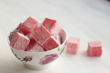 Turkish delight  with rose flavor in a bowl