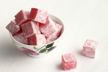 Turkish delight  with rose flavor in a bowl