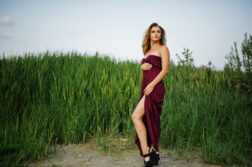 Fototapeta premium Blonde sensual woman in red marsala dress posing in the reeds.