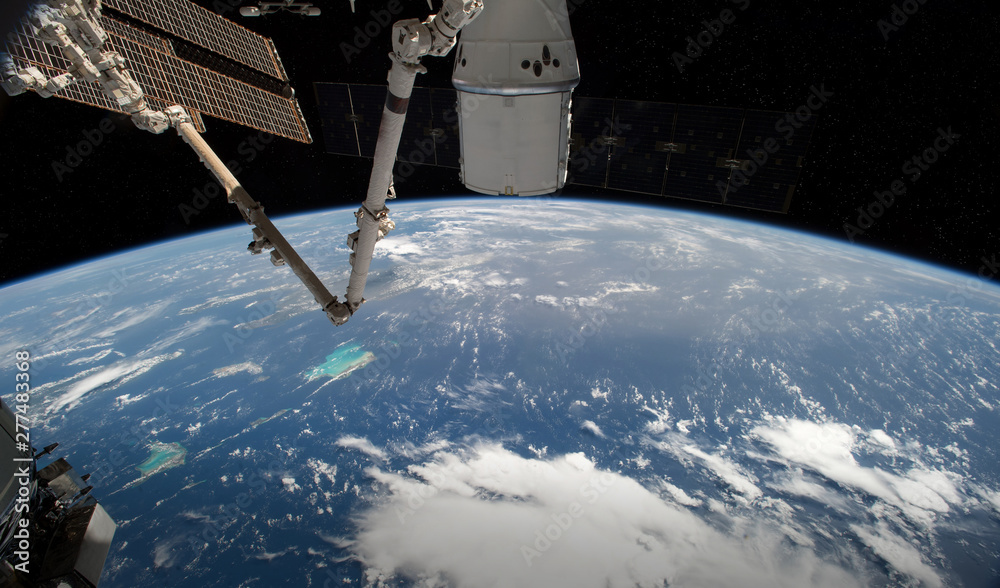 Poster View of planet Earth from a space station window during a sunrise 3D rendering elements of this image furnished by NASA