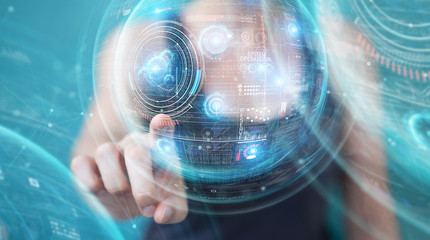 Woman using digital technological interface with datas 3D rendering