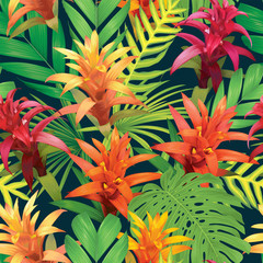 Obraz premium Seamless tropical pattern with guzmania flowers and palm leaves background. Vector set of exotic tropical garden for holiday invitation, greeting card and textile fashion design.