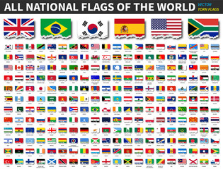 All national flags of the world . Torn paper design . Vector .