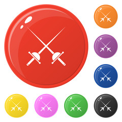 Crossed rapiers icons set 8 colors isolated on white. Fencing concept. Collection of glossy round colorful buttons. Vector illustration for any design.