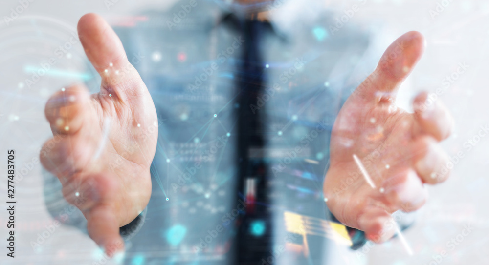 Poster Businessman using digital technological interface with datas 3D rendering