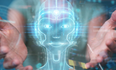 Woman using digital artificial intelligence head interface 3D rendering