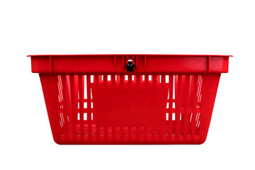 Empty red plastic shopping basket isolated on white background.