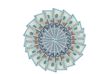 Fototapeta na wymiar Artistic pattern made from dollar bills Snowflake, flower or star Isolated with a clipping path on white background. Top view.