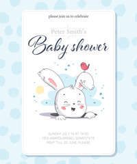 Vector baby shower design template. Cute hand drawn little bunny character. Flat lay. Pastel colors. For happy birthday and anniversary party invitations, greeting cards, tags etc.