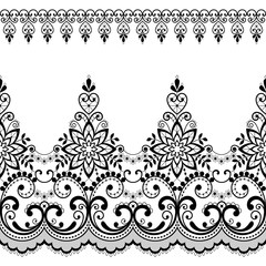 Seamless vector pattern - lace design with flowers and swirls, detailed ornament in black on white background