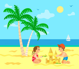 Children building sand castle vector, kids on summer vacations. Summertime fun, sailboat on sea, palm tree with exotic foliage and hot sand, sunny weather