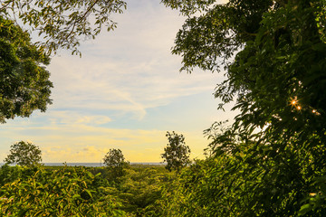 Clouds sky with leaf frame/Frame of fresh green and the sun and blue sky
