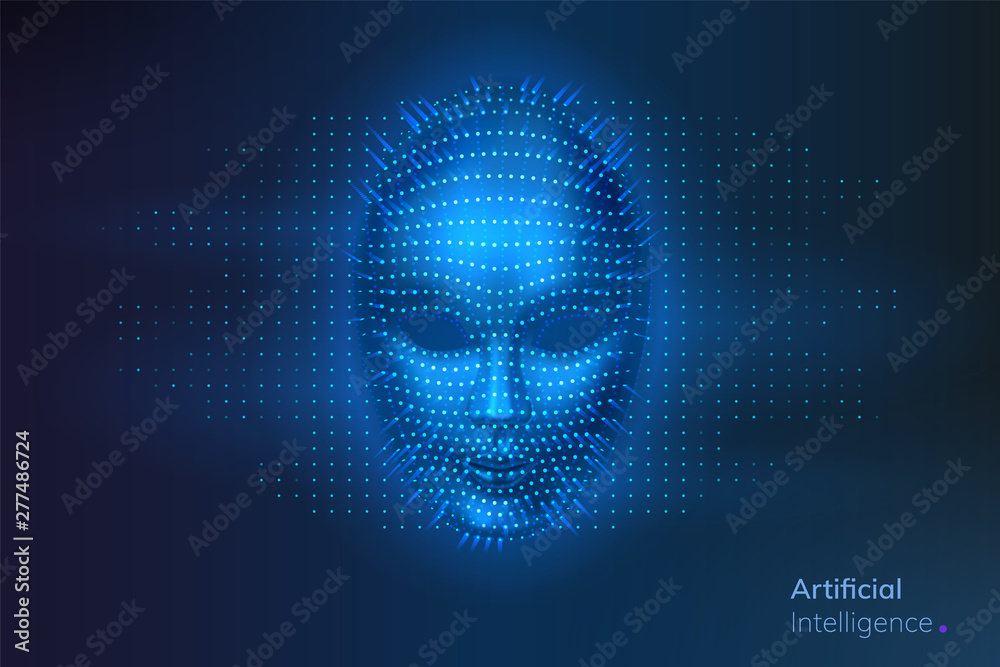 Aufkleber Artificial intelligence or robot digital face. AI or cyber, human head. Virtual computer technology for recognition or security software. Futuristic visual concept. Science and machine, information