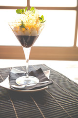 Chocolate Pudding with Vanilla Cream and orange jelly