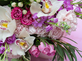 Wedding bouquet of orchids,matiolli, carnations, beautiful delicate flowers.