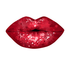 Female shiny gloss lips. Red wine lipstick color