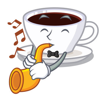With trumpet latte macchiato in the cartoos shape