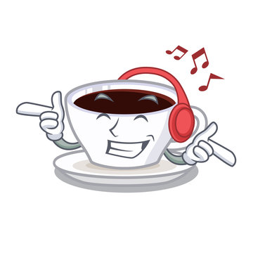 Listening music latte macchiato in the cartoos shape