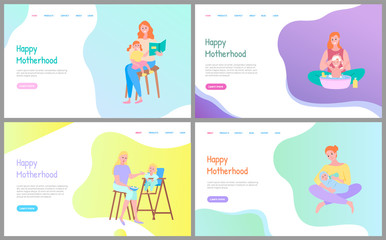 Happy motherhood vector, mother caring for child, woman washing baby and reading book to daughter. Feeding newborn kid spending time together. Website or webpage template, landing page flat style