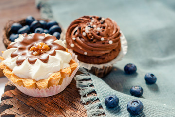 cupcakes with chocolate and butter cream on a wooden background with blueberries scattered