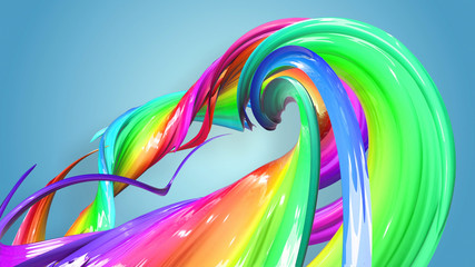 Beautiful multicolored ribbon glitters brightly. Abstract rainbow color ribbon twisted into a circular structure on a blue background. 32