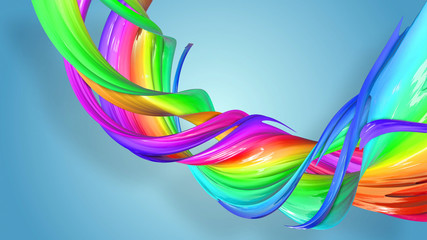 Beautiful multicolored ribbon glitters brightly. Abstract rainbow color ribbon twisted into a circular structure on a blue background. 33