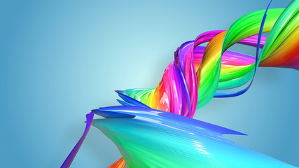 Beautiful multicolored ribbon glitters brightly. Abstract rainbow color ribbon twisted into a circular structure on a blue background. 34