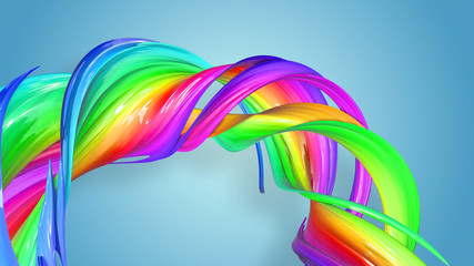 Beautiful multicolored ribbon glitters brightly. Abstract rainbow color ribbon twisted into a circular structure on a blue background. 36