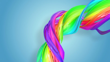 Beautiful multicolored ribbon glitters brightly. Abstract rainbow color ribbon twisted into a circular structure on a blue background. 61