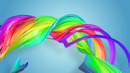 Beautiful multicolored ribbon glitters brightly. Abstract rainbow color ribbon twisted into a circular structure on a blue background. 62