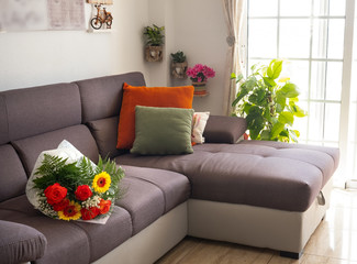 Corner of domestic room with brown sofa with colored pillows and a bouquet of flowers. Bright light from the window. Plants and decorations on background