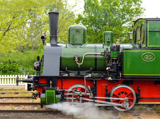 Naklejka premium Vintage green steam locomotive with railway carriages, green trees as background. Railway and trains.