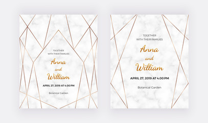 Golden geometric polygonal lines frames on the marble texture. Trendy templates for wedding invitation, banner, flyer, poster, greeting.