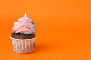 Cupcake with  birthday candles on orange background