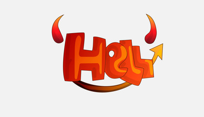 Cartoon word Hell with devil horns and tail in red and dark color, isolated on grey background. Hell devil word, cute cartoon style. Cartoon heck with horn and red tail, funny isolated illustration