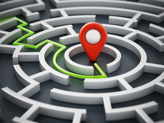Red navigation marker at the center of round maze. 3D illustration