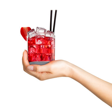 Woman Hand Holding Cocktail In Old Fashioned Glass With Black Straw