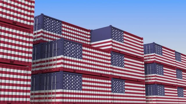Container terminal full of containers with flag of the USA. American export or import related loopable 3D animation