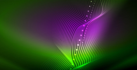 Glowing abstract wave on dark, shiny motion, magic space light. Techno abstract background