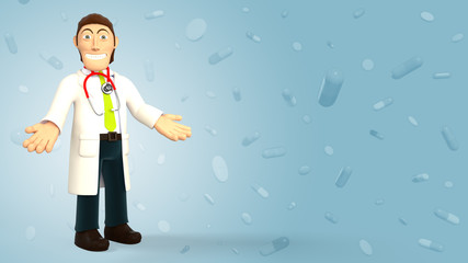 Cartoon 3d doctor with a stethoscope smiling with open arms on a blue background with falling pills and tablets 3d rendering